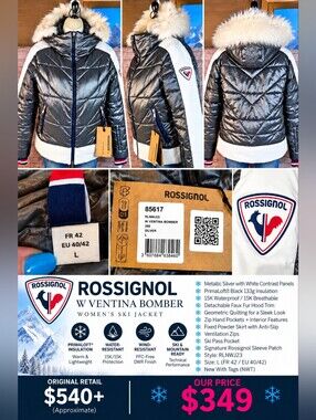 Rossignol Ventina Bomber Ski Jacket L Silver PrimaLoft Faux Fur NWT